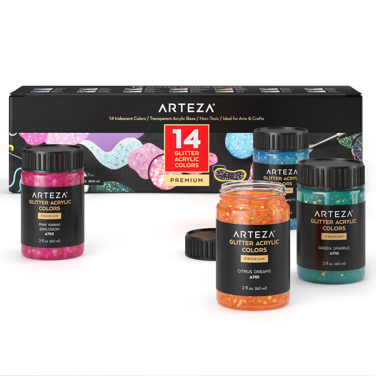 Arteza Glitter Acrylic Paint Set, 2 fl oz Bottles, Iridescent Assorted Colors - 14 Pack